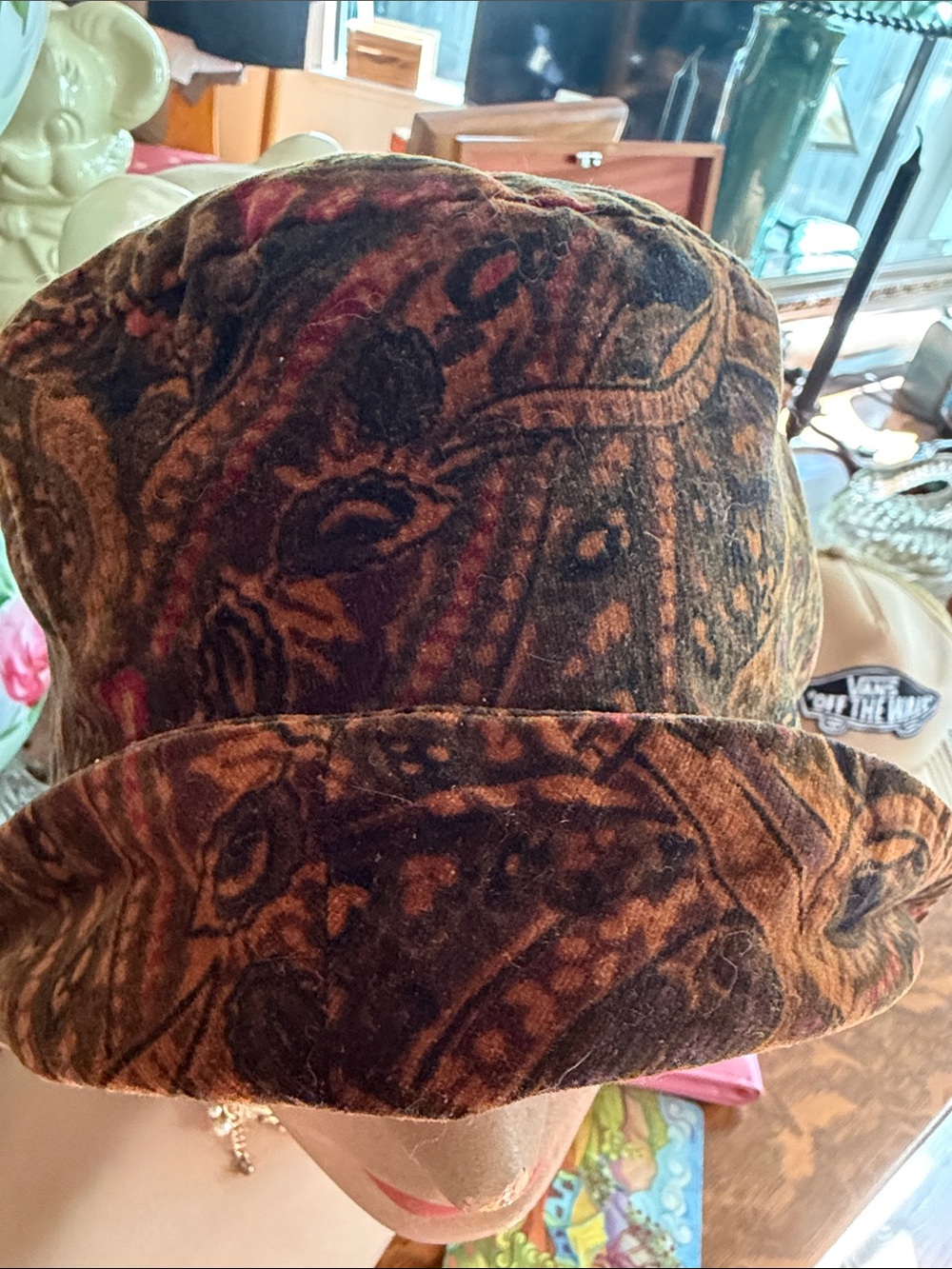 GAP Brown Paisley Velvet Bucket Hat with Subtle Pink Accents